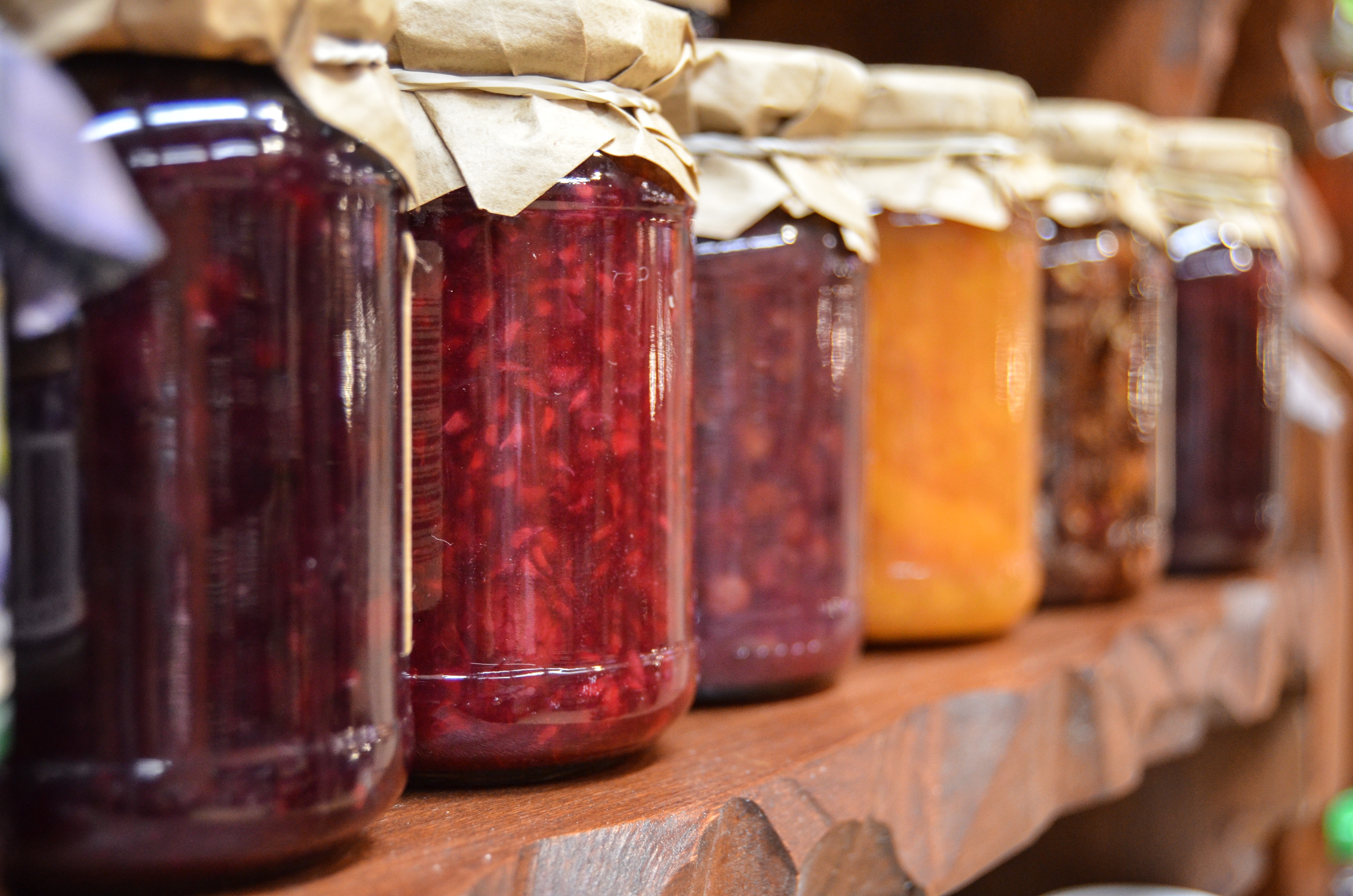 Jams and jellies in jars.